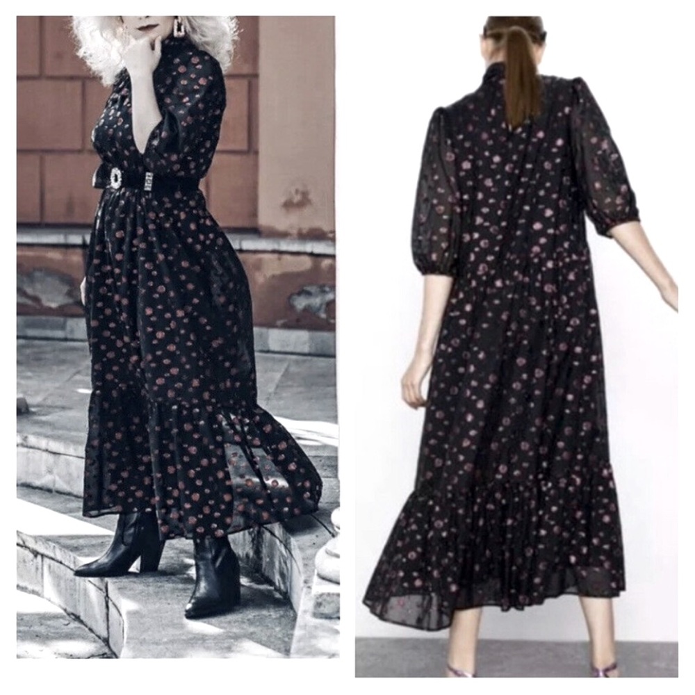 Zara long dress, length 56 from shoulder to hem ,Pit to pit is 20 , waist 18.5